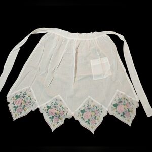 Vintage Pink Floral Sheer White Half Apron Scalloped Hemline